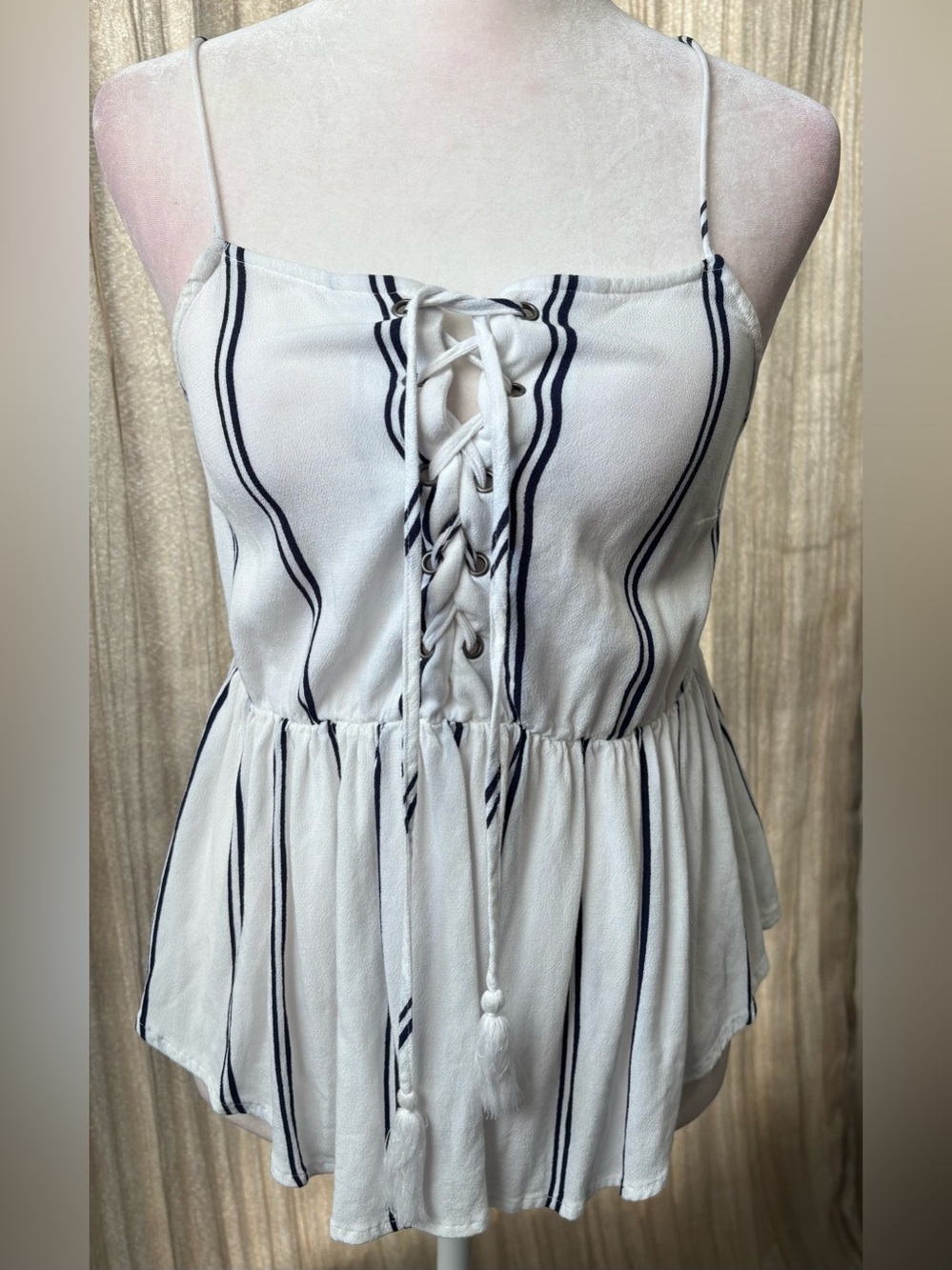 LA Hearts White Navy Stripe Lace Up Peplum Cami Tank XS